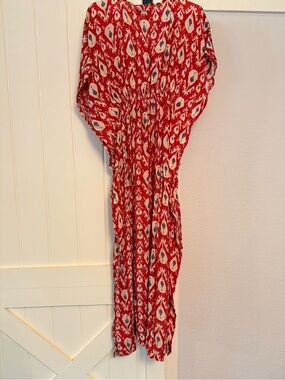 Anthropologie Women's Red Patterned Maxi Dress with Elastic Waist